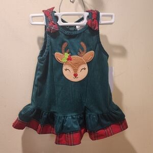 Rare Editions Festive Green Baby Dress with Reindeer Design Size 12M NWT